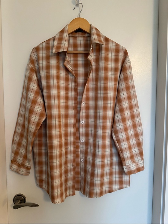 SHEIN Tops - SHEIN Oversized Orange Plaid Button-Up Shirt Size Small